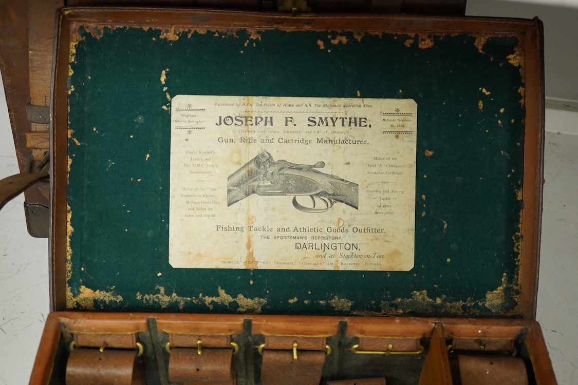 Two late 19th century brown leather magazine cases and another ‘collars’ box, largest 41cm wide